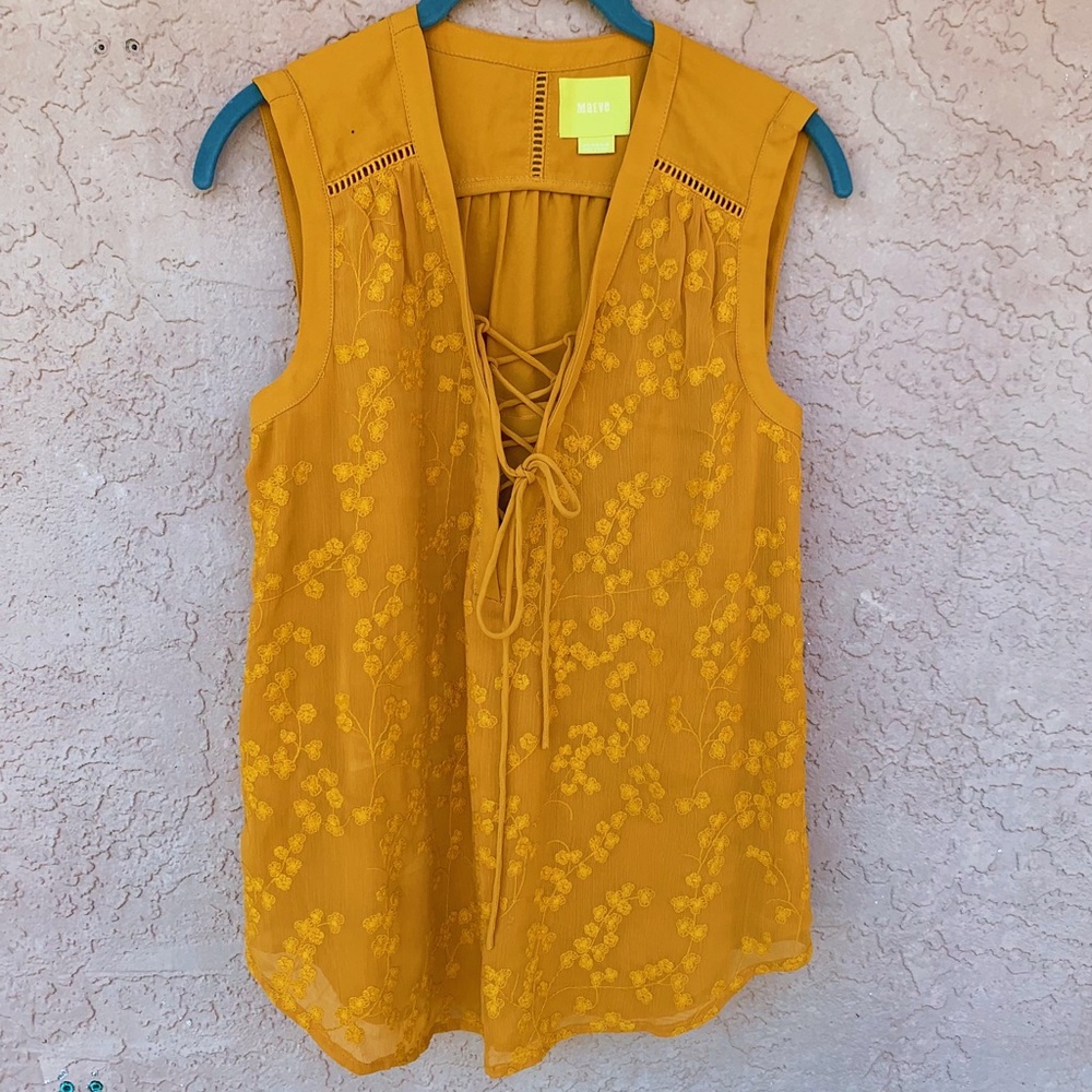 Maeve Mustard Yellow Embroidery Blouse Top Tank Classy small
